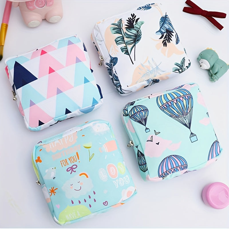 Cartoon printed portable storage bag for menstrual products. Large capacity, waterproof, suitable for organizing girl's belongings. Can also be used for storing headsets, coins, art