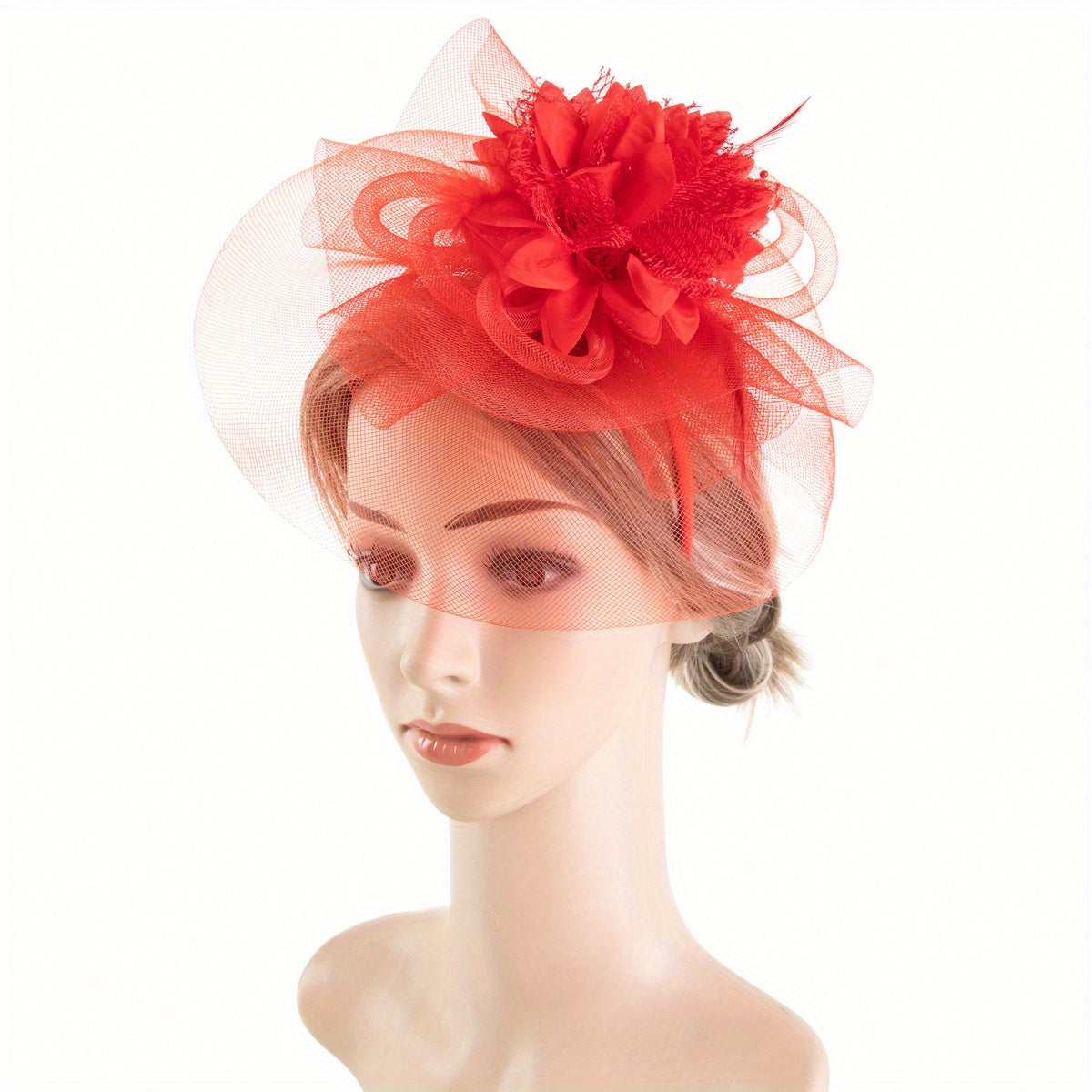 One piece of women's hair accessory featuring a mesh flower, faux feather detailing, and veil perfect for birthday parties, the Jockey Club, weddings, derby hats, and church events.