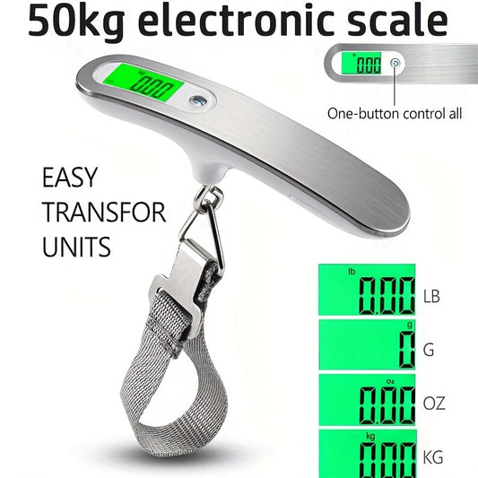 Portable LCD digital luggage scale with a 110lbs/50kg capacity and steelyard hook for travel and fishing.