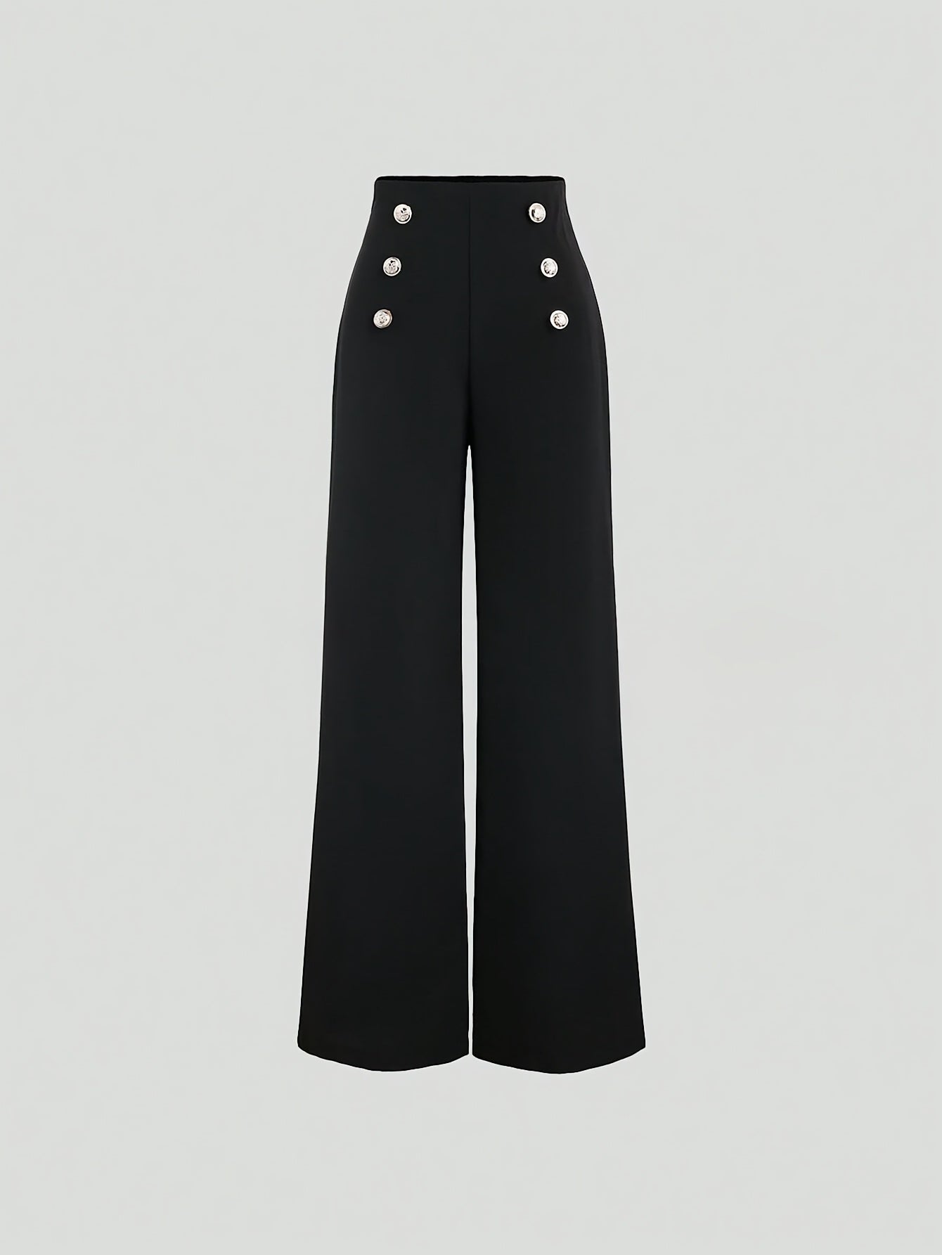 Women's wide leg pants made from 95% polyester and 5% elastane in a solid color. Features a loose fit, long length with zipper fly and button detail, suitable for casual weekend wear