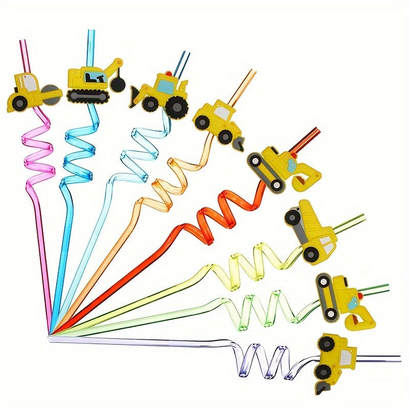 Set of 8 Construction Vehicle Themed Party Straws - Made from Sturdy Plastic, Ideal for Decorating Birthdays and Events