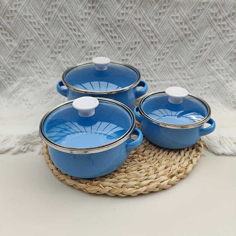 Enamel Pot Set includes three pieces with 12/14/16 cm mini pots in a solid color, speckled design - ideal for cooking delicious meals at home.