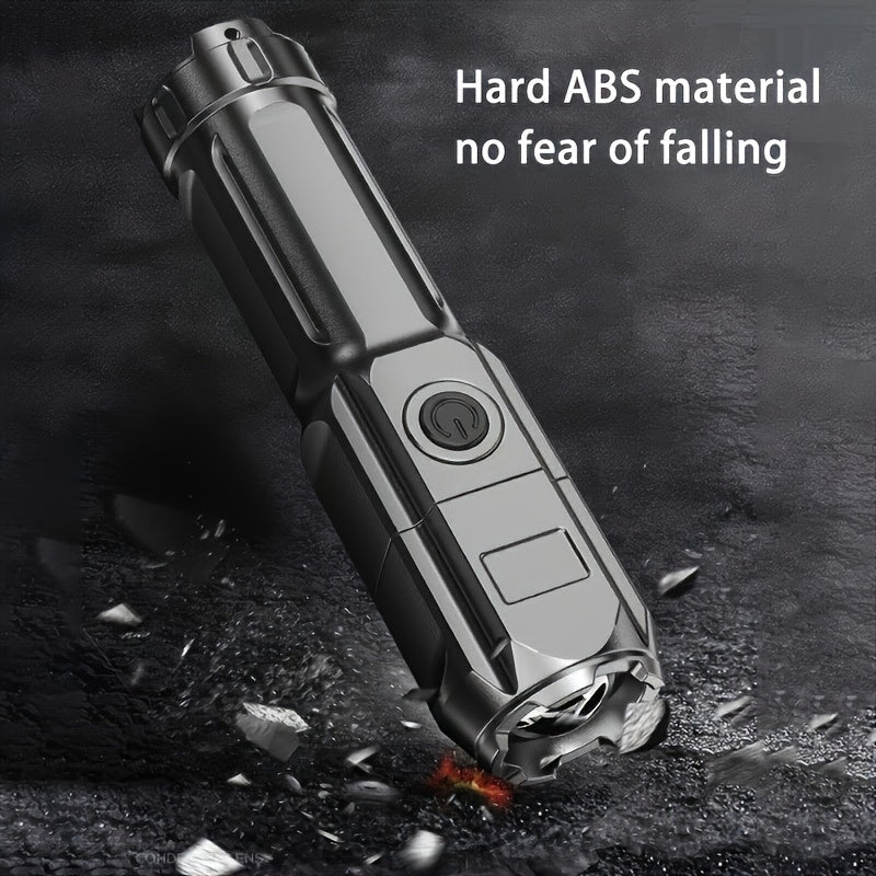 Compact and portable LED flashlight with USB charging, ideal for outdoor adventures and home use. 800mAh battery included.