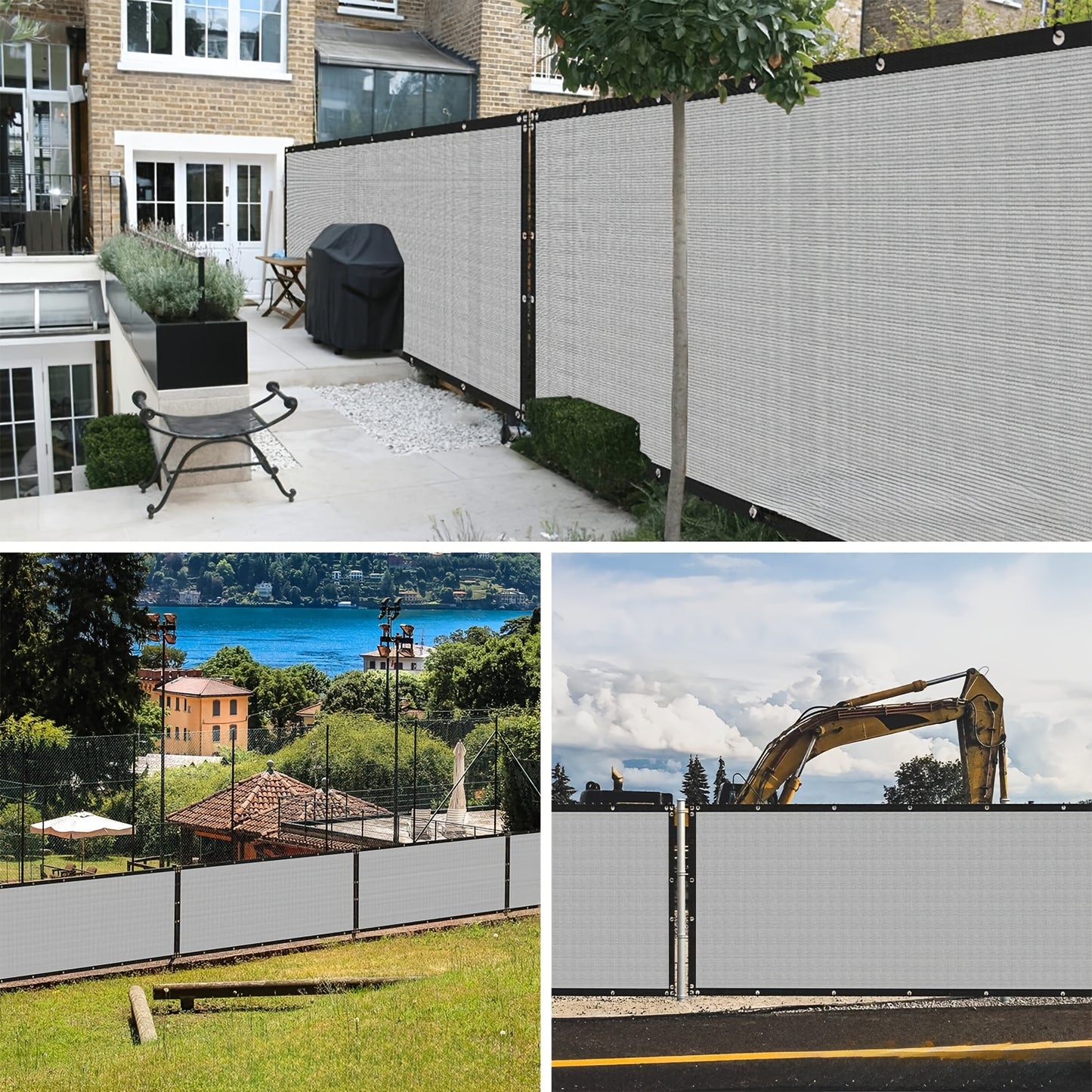 Outdoor privacy screen for fence, balcony and yard, with zip ties. Gray color, 6'x15' dimensions, 150GSM.