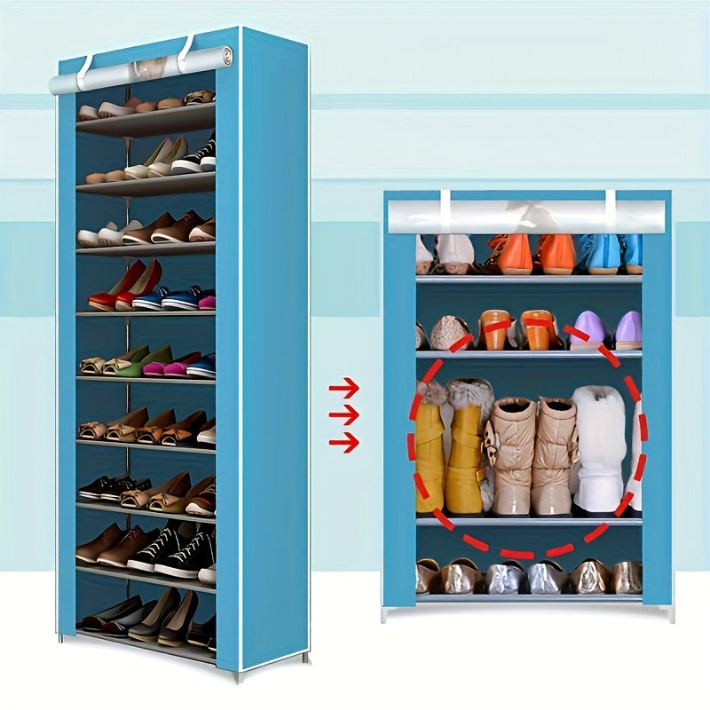 Multi-layer outdoor storage cabinet with zipper, shoe cabinet and rack assembly. This dust-proof, stainless steel shoe cabinet has multiple layers for storage. Simple and efficient shoe storage solution.