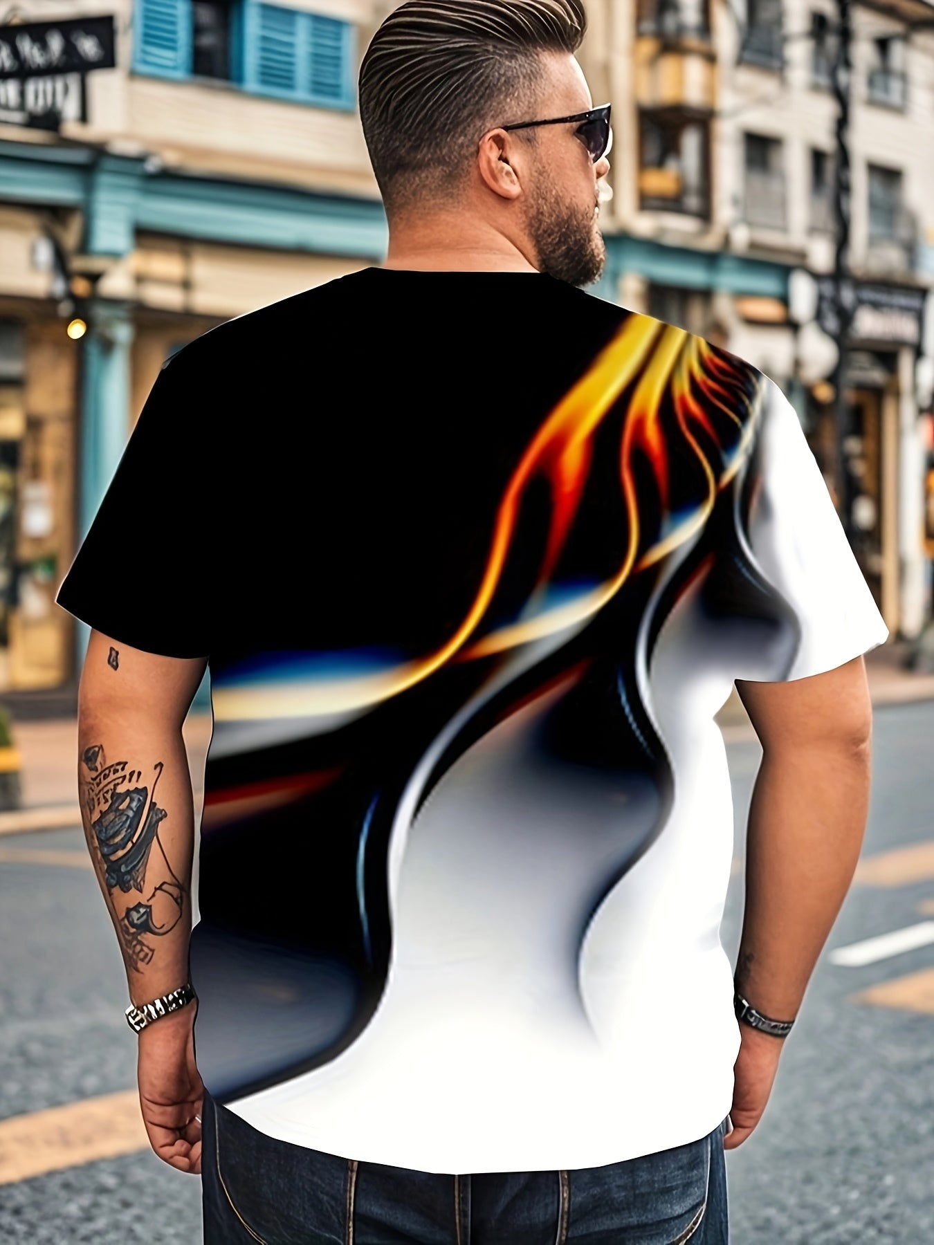 Men's 3D Print Gradient Short Sleeve T-Shirt in Black to Yellow, Polyester & Spandex Blend, Regular Fit, Machine Washable, Casual & Athletic Wear, PLUS SIZE