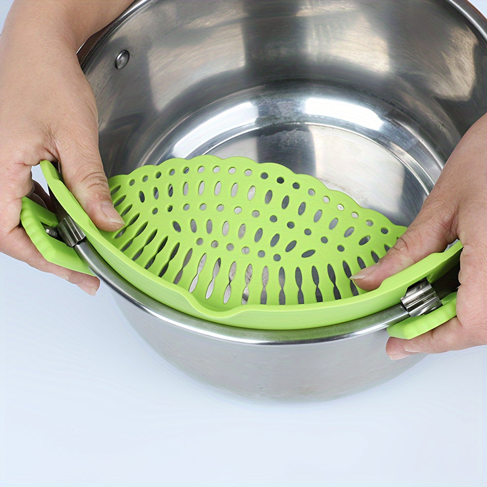 Silicone Strainer Clip for Pots and Pans - a versatile tool for straining pasta, meat, vegetables, and fruits in the kitchen. Ideal for use as a clip-on food strainer or silicone colander.