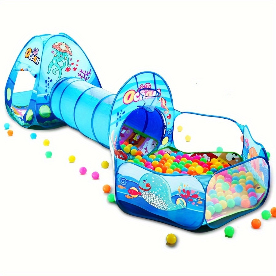 Children's 3-piece playset with ball pool, game tent, tunnel, and pop-up playhouse toys. Suitable for both boys and girls over 3 years old. Comes with a storage bag. Perfect birthday gift.