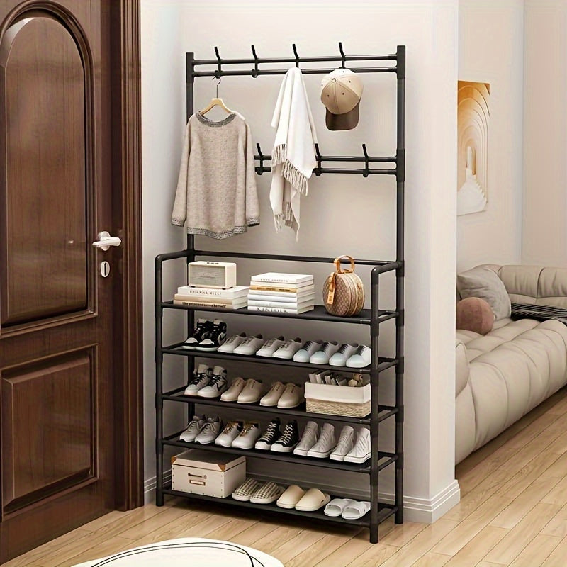 This versatile Metal Entryway Shoe Rack measures 80cm/31.49in wide and features 8 hooks for convenient storage of shoes, scarves, and hats. Perfect for entryways, living rooms, and bedrooms, this rack is easy to install and move around, requiring no wood