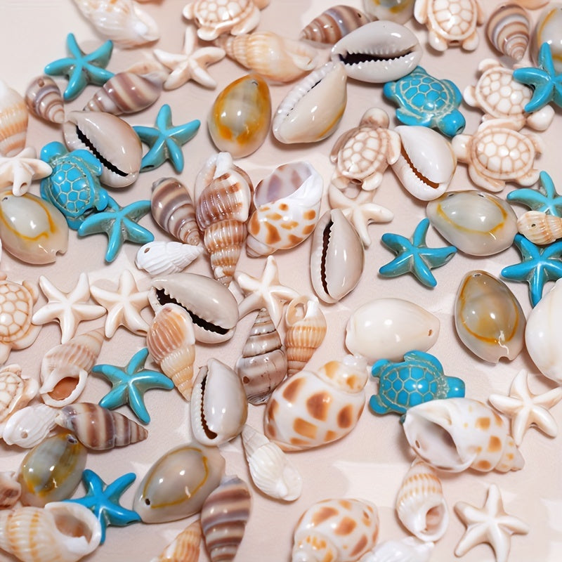 Set of 65 natural shell charms in different sizes for creating your own jewelry, includes shells, starfish, and turtle charms with hand-drilled holes for making bracelets, necklaces, earrings, anklets, and accessories.