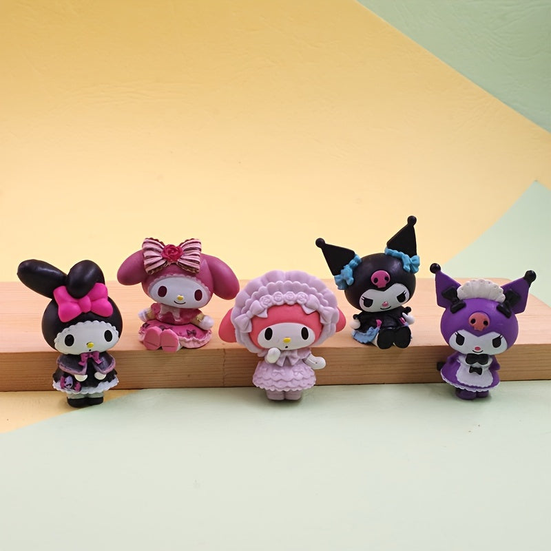 5 ta Sanrio Kuromi va xizmatkor mavzusidagi qiziqarli dekor buyumlari to'plami, yotoqxona, stol, avtomobil va tug'ilgan kun sovg'alari uchun ideal, PVC materialidan tayyorlangan.