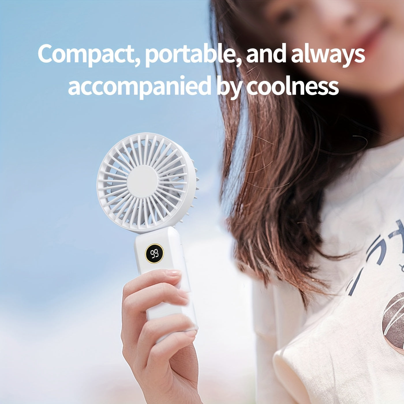 Get yourself the perfect portable mini fan! This fan comes with a digital display, USB rechargeable feature, quiet operation, foldable handle, and can be used on a desk or handheld. Made of durable ABS material in a sleek white design, this fan measures