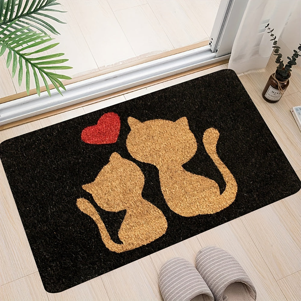 Whisker Wonders Cat Silhouette Doormat - Polyester Mat with Non-Slip Backing, Machine Washable, Indoor/Outdoor Rug with Heart Design for Front Door Entryway