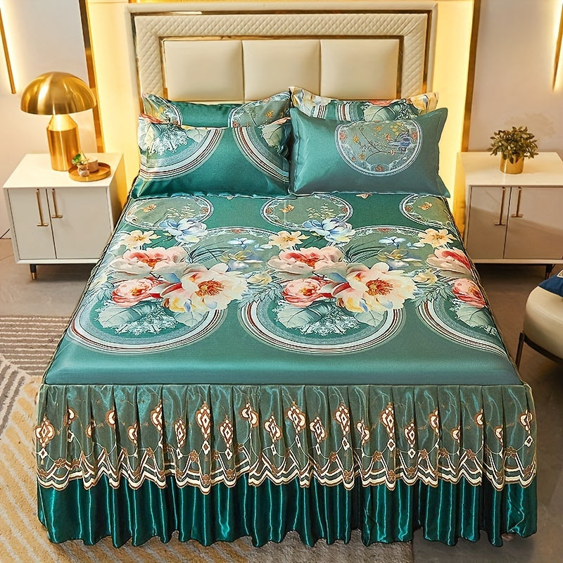 Jacquard Bed Skirt Set with Pillowcases, featuring a charming Lace Hem and Floral Pattern. Made of Soft and Comfortable 100% Polyester, this set is machine washable for easy care. Available in Contemporary Style with a Woven Fabric design, weighing 120g.