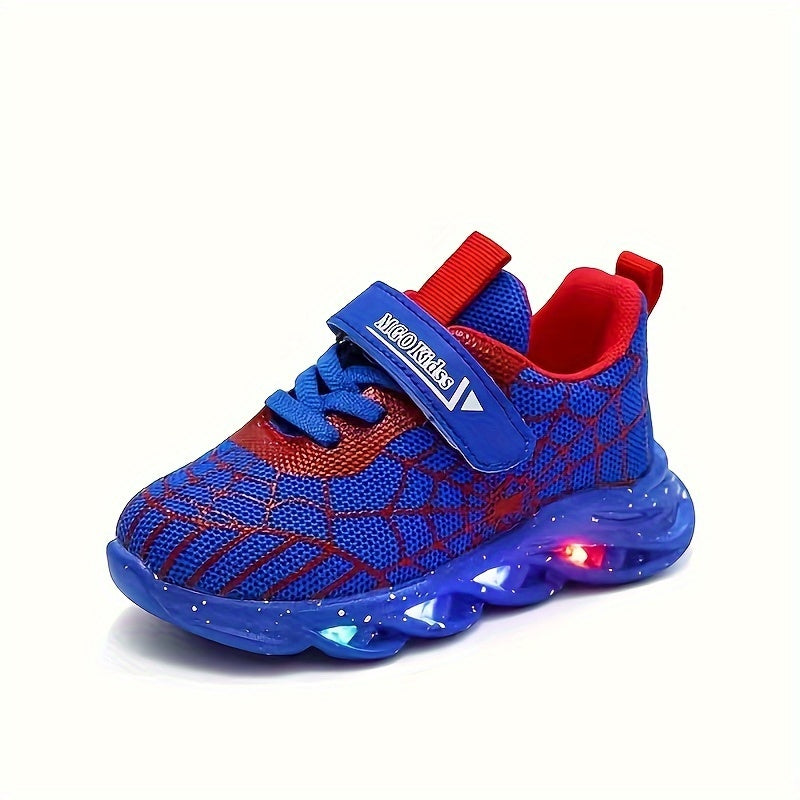 Durable rubber-soled boys' LED sneakers in red and blue with spider web design, breathable mesh, and hook-and-loop closure for casual wear and playtime.