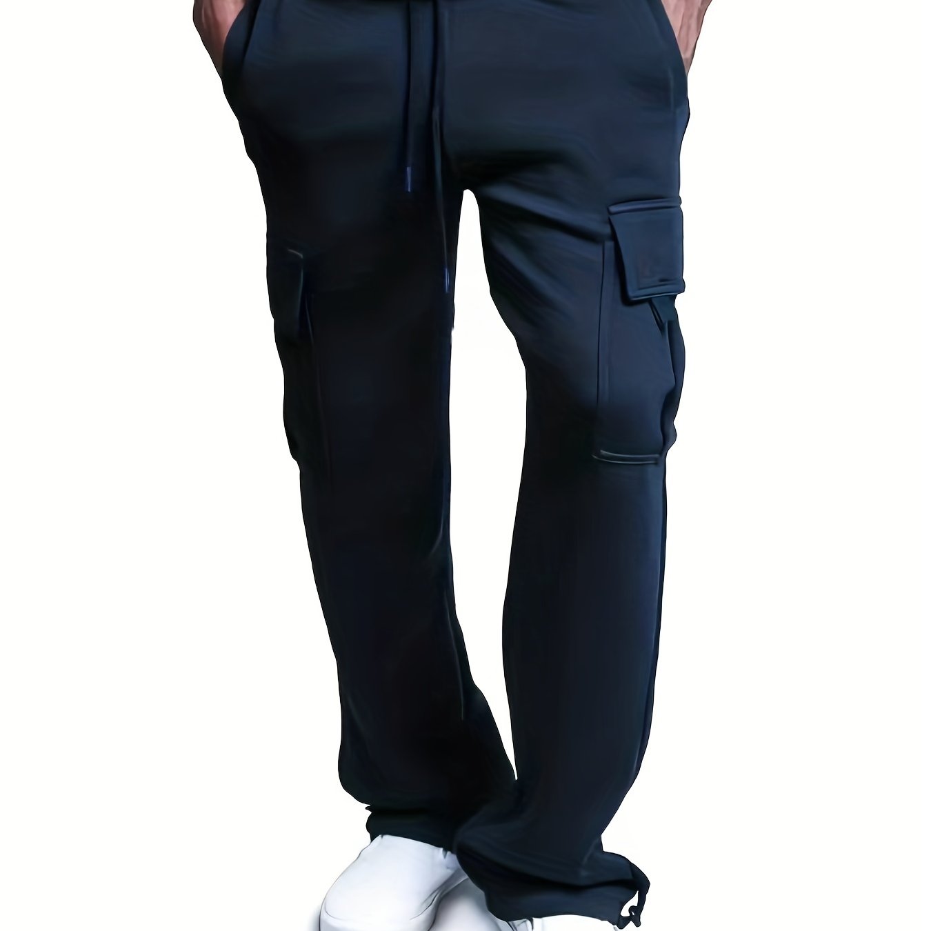 Big and tall men's relaxed cargo trousers with pockets, oversized drawstring pants.