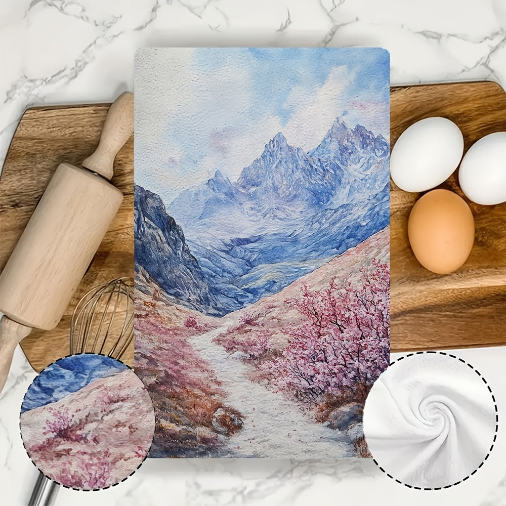 2 pieces of Ultra Soft Kitchen Towels, Featuring the Enchanting Beauty of a Blooming Mountain Pass, Highly Absorbent Dish Hand Towels for Holiday Decor, Machine Washable, Size 16x24 Inches - Model Number 2KYSYS1218410