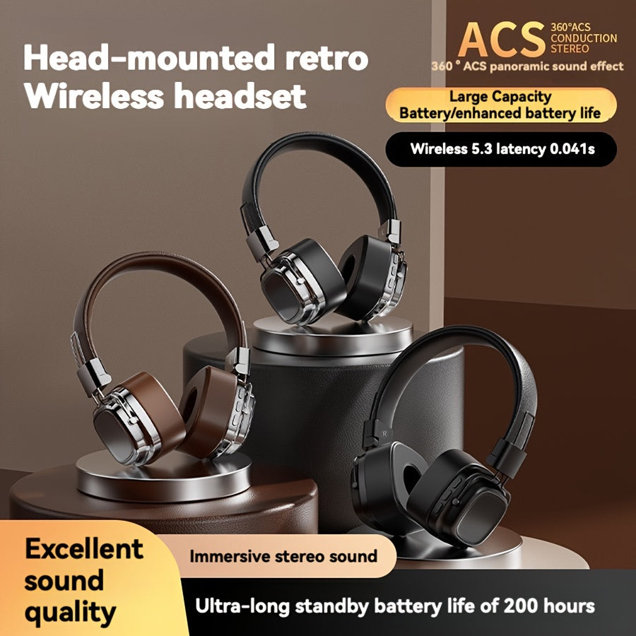 Vintage-inspired over-ear wireless headset with wireless 5.3 chip, perfect for gamers and music enthusiasts.