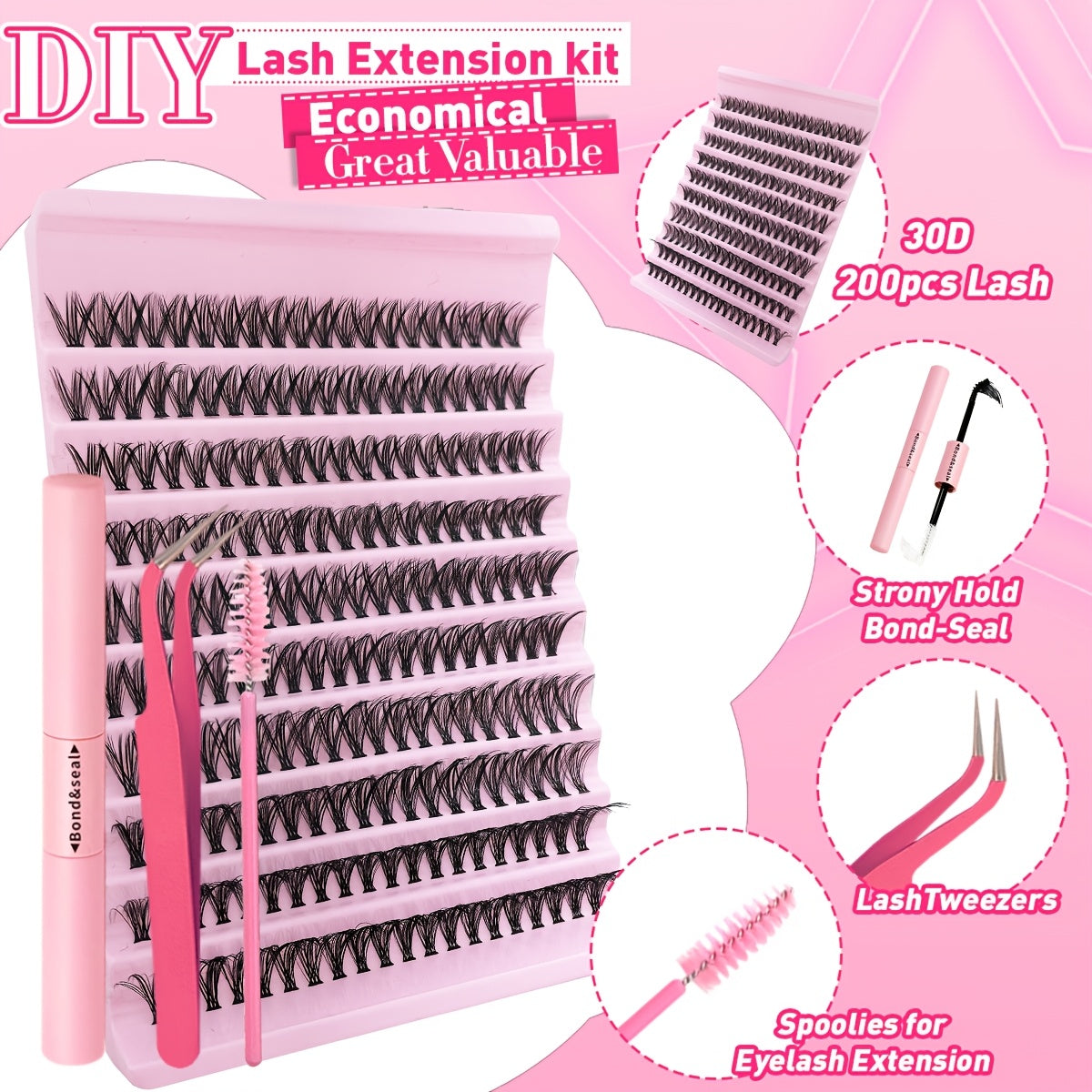 200pcs DIY Eyelash Extension Kit with mixed 8-16mm lengths, waterproof faux mink lashes suitable for all eye shapes. Soft, comfortable, and easy to apply for beginners, reusable with