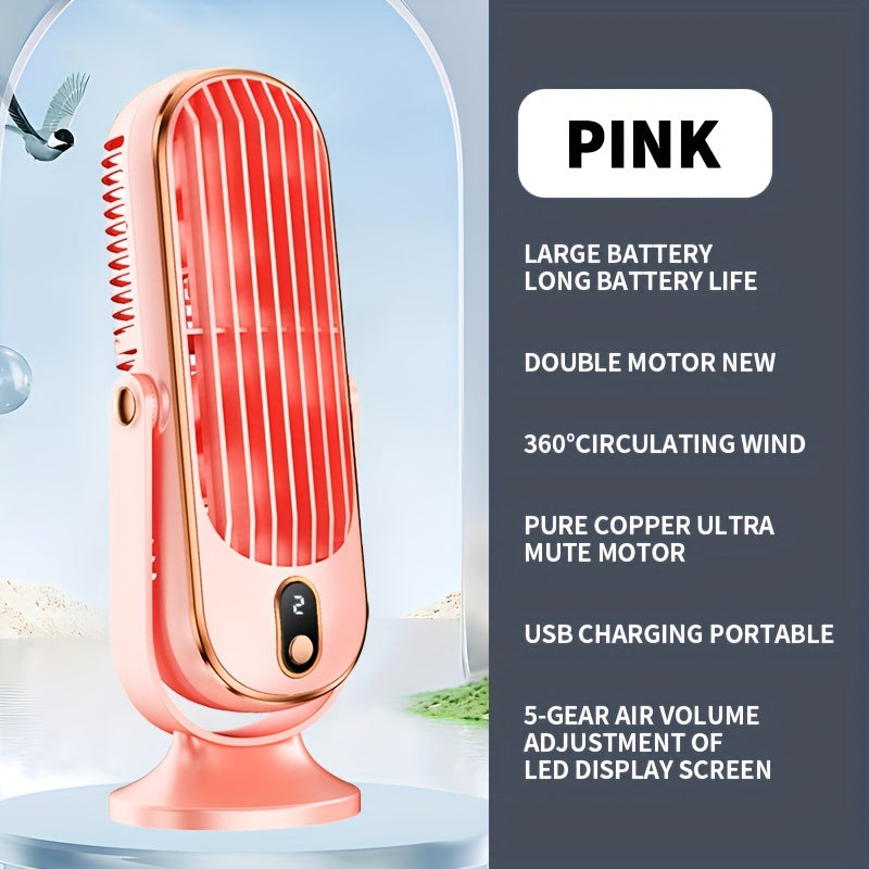 Compact and space-saving design USB rechargeable table fan features a 1200mAh lithium battery. This 5-speed portable desk fan is suitable for home office, bedroom, indoor and outdoor use. It comes with button control and power cord for convenience.