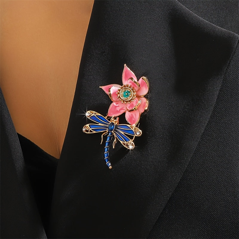 Stylish Enamel Lotus Flower and Dragonfly Brooch With Rhinestones - A Versatile Fashion Accessory for Women