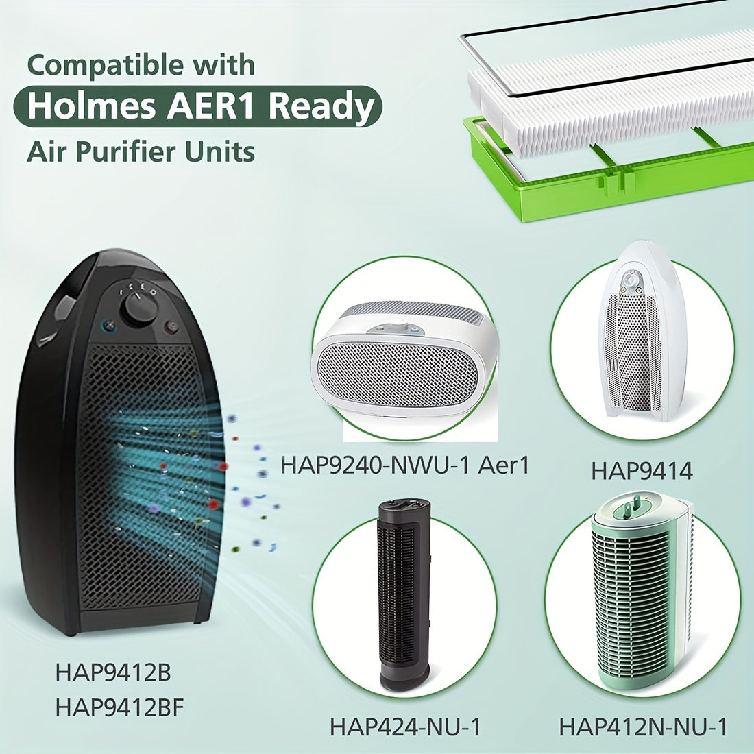 HAPF300AHD AER1 Allergen Remover True HEPA Filter is compatible with Holmes Aer1 Air Purifier HAPF30AT, HAPF300AH-U4R, and HAP242-NUC parts.