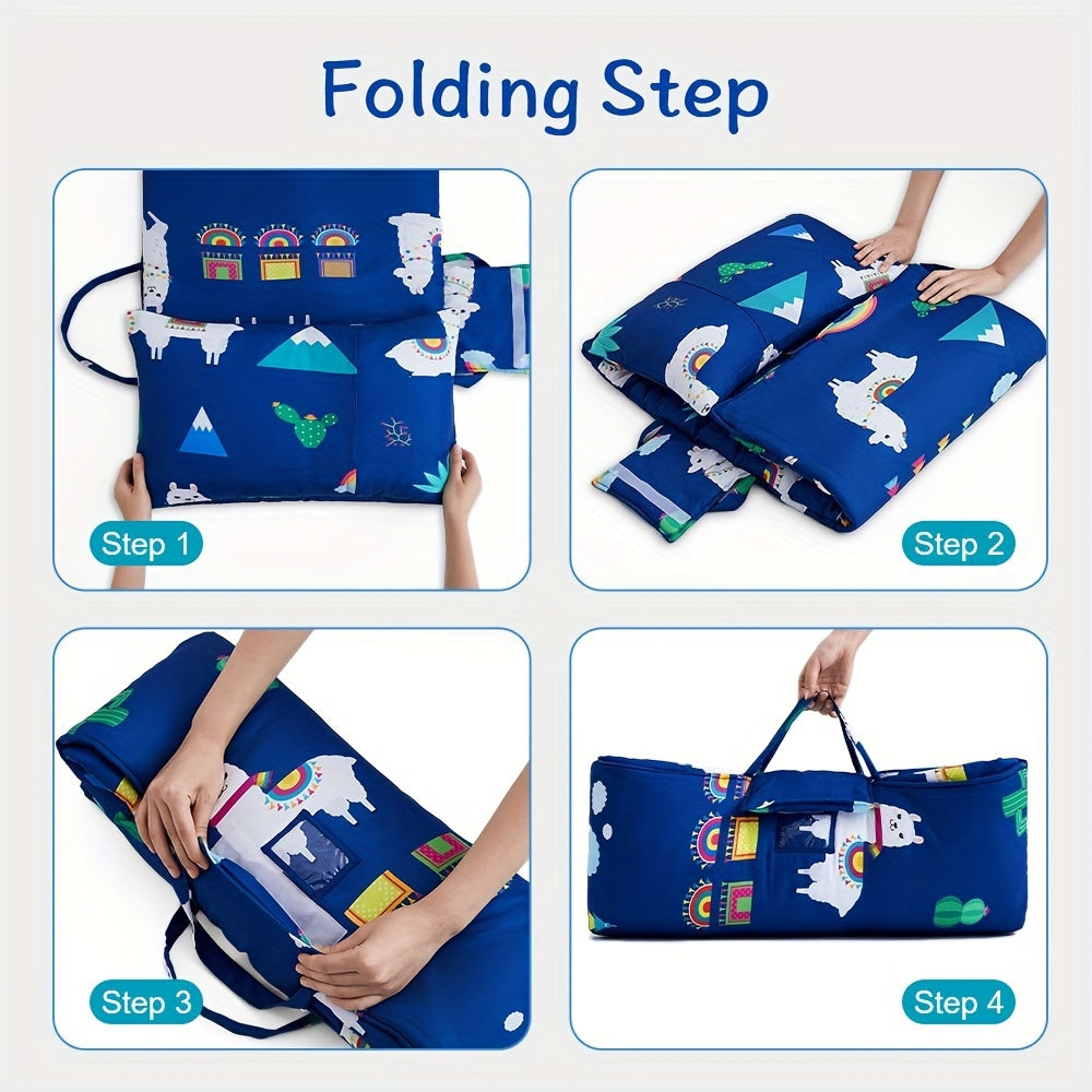 BEEWEED Soft Microfiber Nap Mat is ideal for children aged 3-6, making it a great portable travel sleeping pad with a removable pillow and carry handle. Perfect for preschool daycare, this blue nap mat is perfect for Christmas and Thanksgiving.