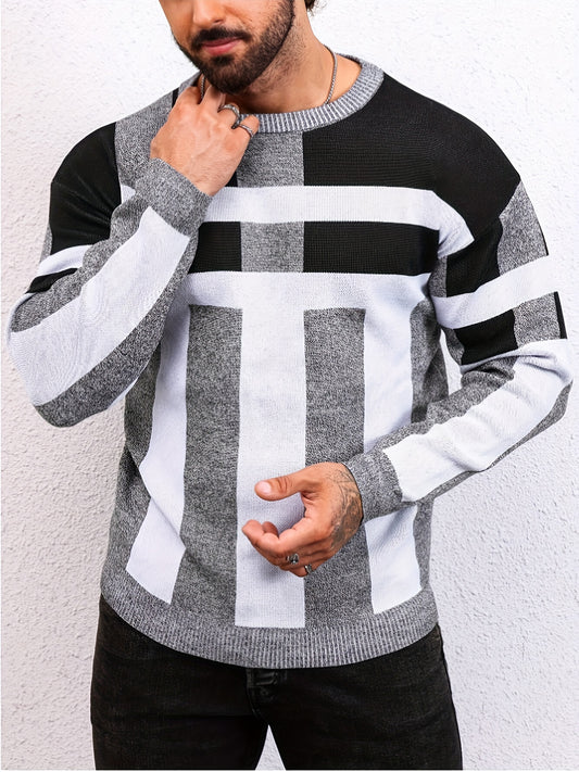 New men's fashion jacquard sweater for autumn and winter, casual tops pullover with long sleeve crew neck.