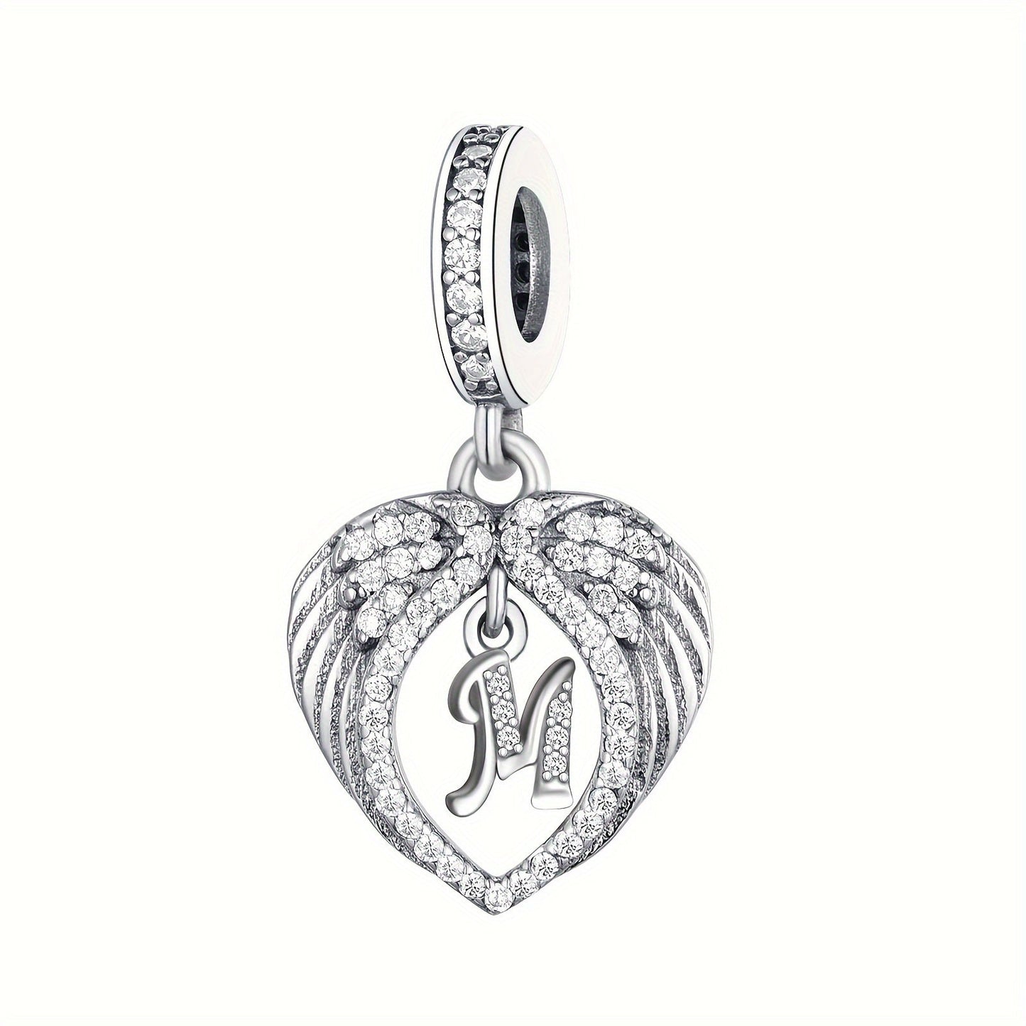 925 Sterling Silver Heart-shaped Wing Pendant with Synthetic Zircon Letter Pattern for DIY Jewelry Making, Perfect Gift Idea