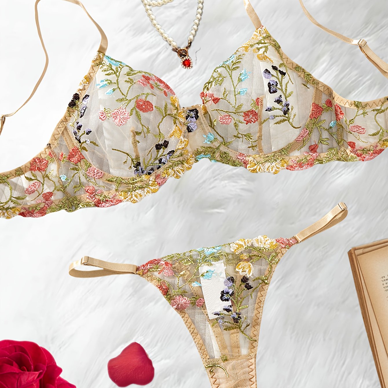 Floral Embroidered Lingerie Set: Sheer Mesh Bra & Panties, Ideal for Date Night or Honeymoon