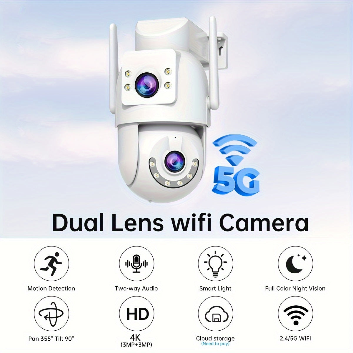 The JOOAN Dual Lens WiFi Security Camera offers PTZ Technology and HD Resolution, with Nightvision for clear imaging in low light. It features Two-Way Audio, Motion Detection, and is suitable for Indoor Use, with the option to wall hang. Smartphone