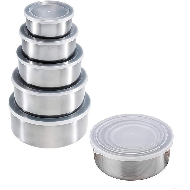 5 stainless steel storage containers with clear lids for home and kitchen organization.