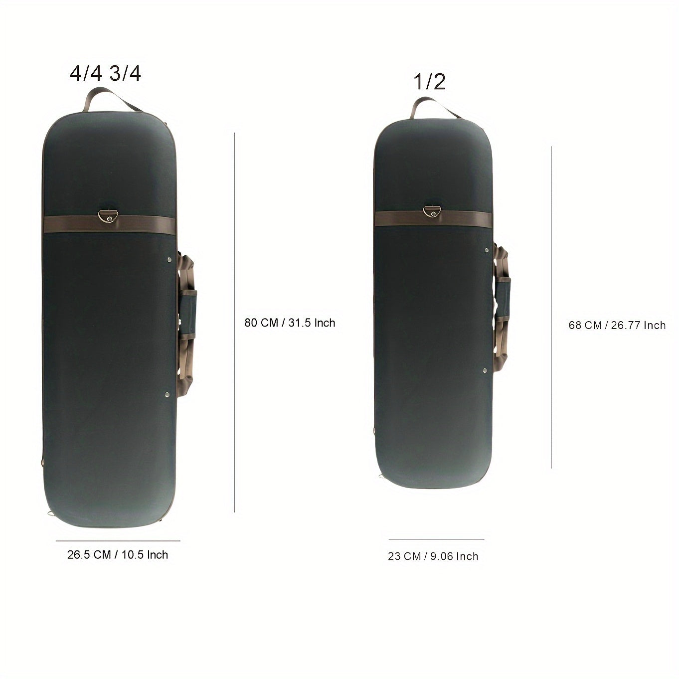 Square violin case with hygrometer and foam padding, black and gold.