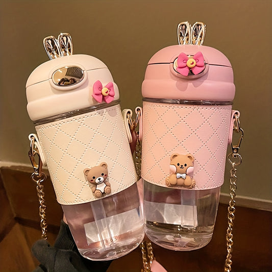 Girl water bottle with straw, drop-proof plastic, portable and high-temperature resistant. Includes 4 random 3D stickers.