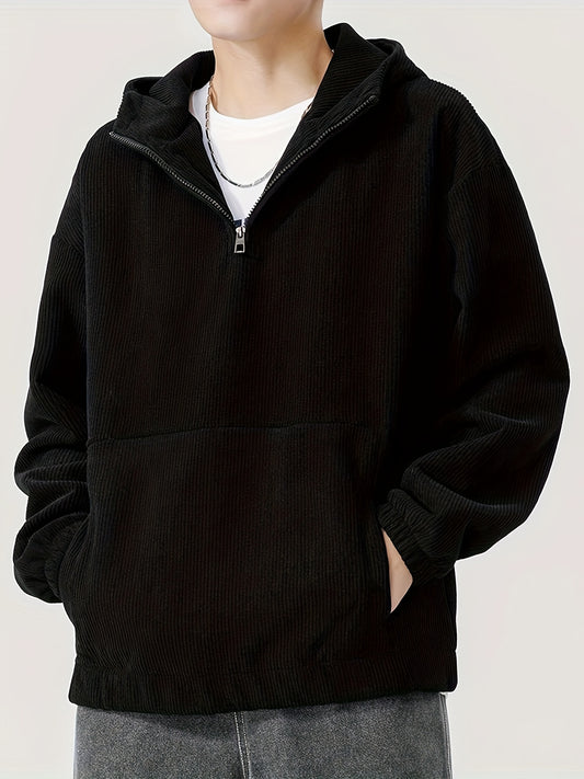 Men's cozy knit zip-up hoodie with dropped shoulder sleeves for casual wear.