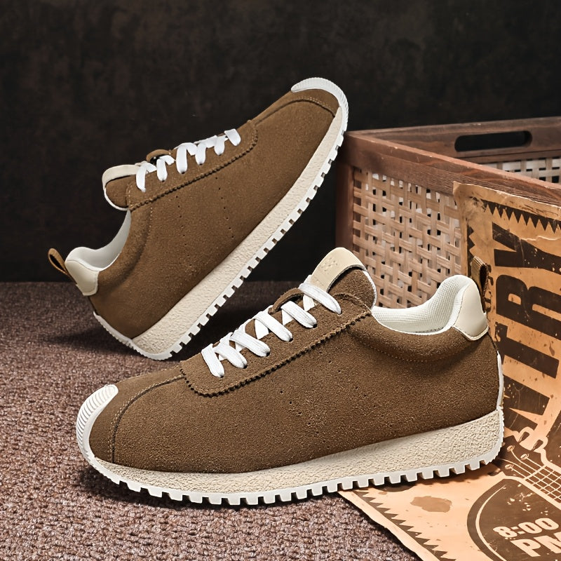 Men's vintage brown sneakers with white rubber sole, lace-up, round toe - durable and comfortable for various occasions.