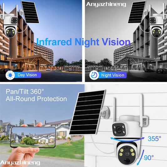 Outdoor security camera with PTZ, 1080p HD resolution, motion detection, two-way audio, smart tracking, Android app control, and solar-powered lithium battery. Compatible with smartphones.