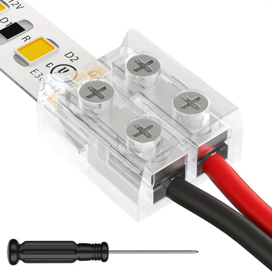 Set of 6 Easy-Install 2-Pin 10mm Transparent LED Strip Light Connectors - Versatile & Reusable for Home & Commercial Use, No-Solder Setup with Screwdriver.