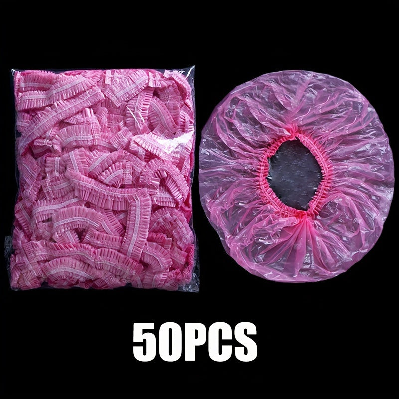 Disposable shower caps for women in a large size, made of elastic, waterproof polyester for use at home, spa, or salon.