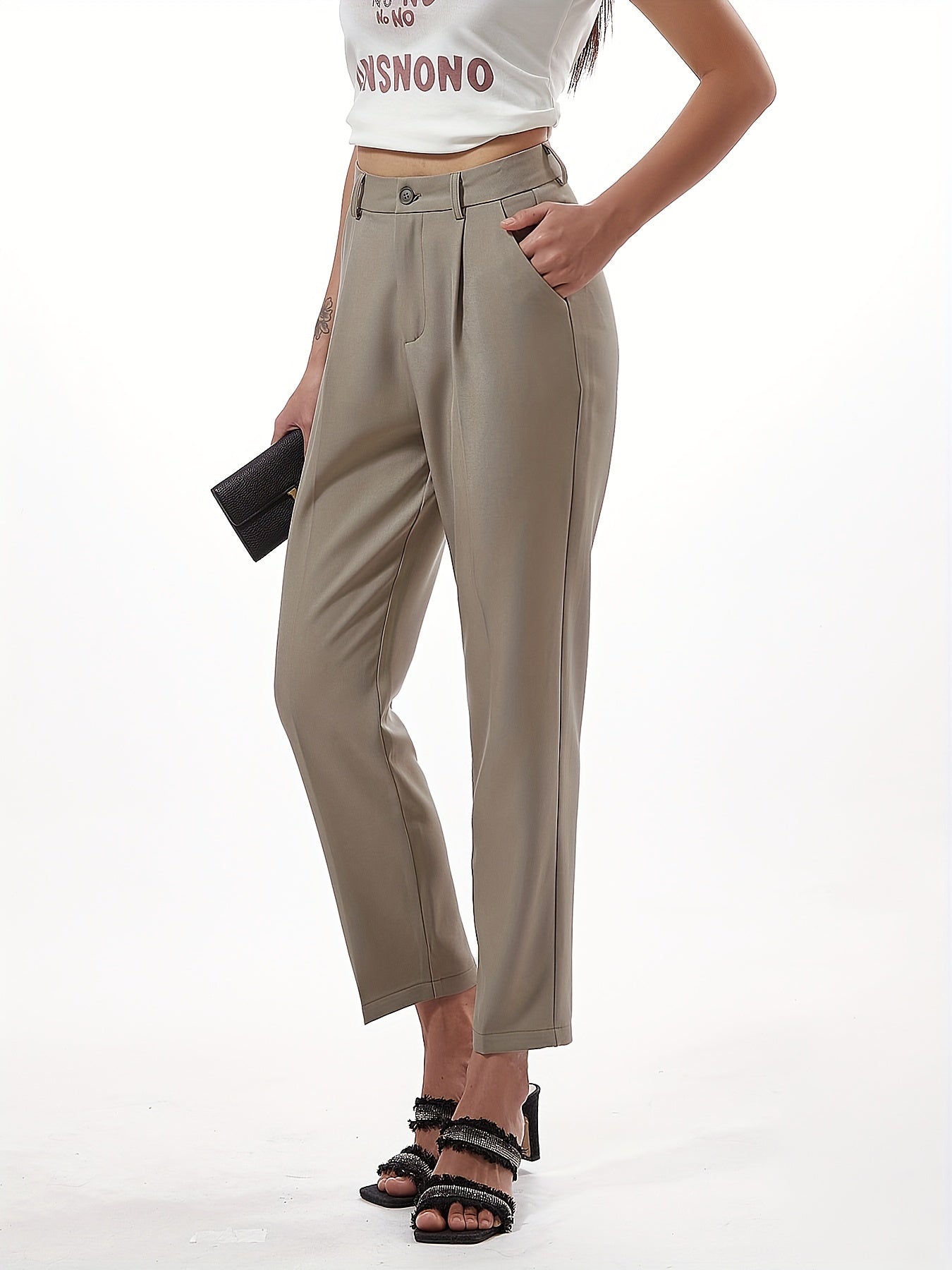 Pleated straight leg pants with pocket, casual cropped suit pants for women.