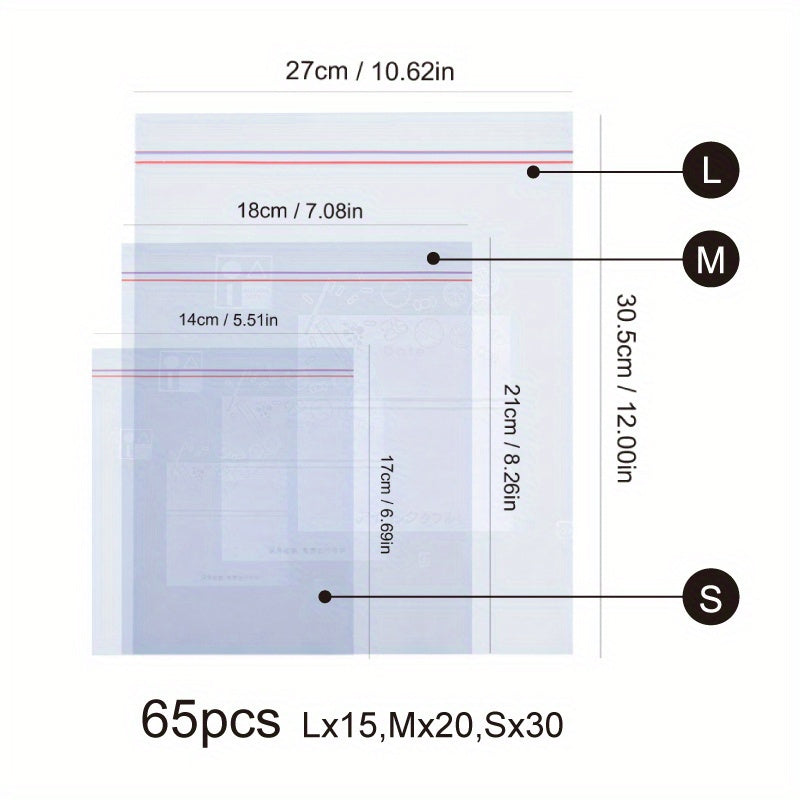 Double Sealing Strip Food Storage Bags in quantities of 15, 20, 30, 65, 130, or 195 pieces. These Double Zipper Bags are transparent and perfect for storing fruits, vegetables, grains, and other kitchen supplies. The Sealed Bags are leak-proof and