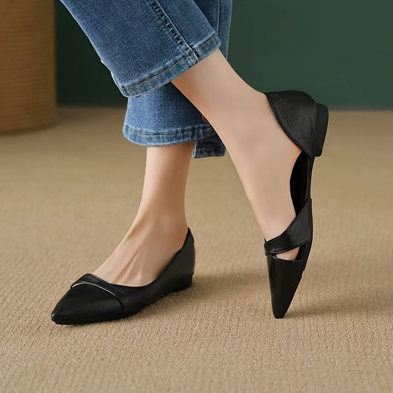 Women's black pointed-toe flats with side cut-out design, soft PU cover upper, lightweight PVC sole, comfortable slip-on shoes for all-day wear. Ideal for everyday wear. Minimalist and cute.