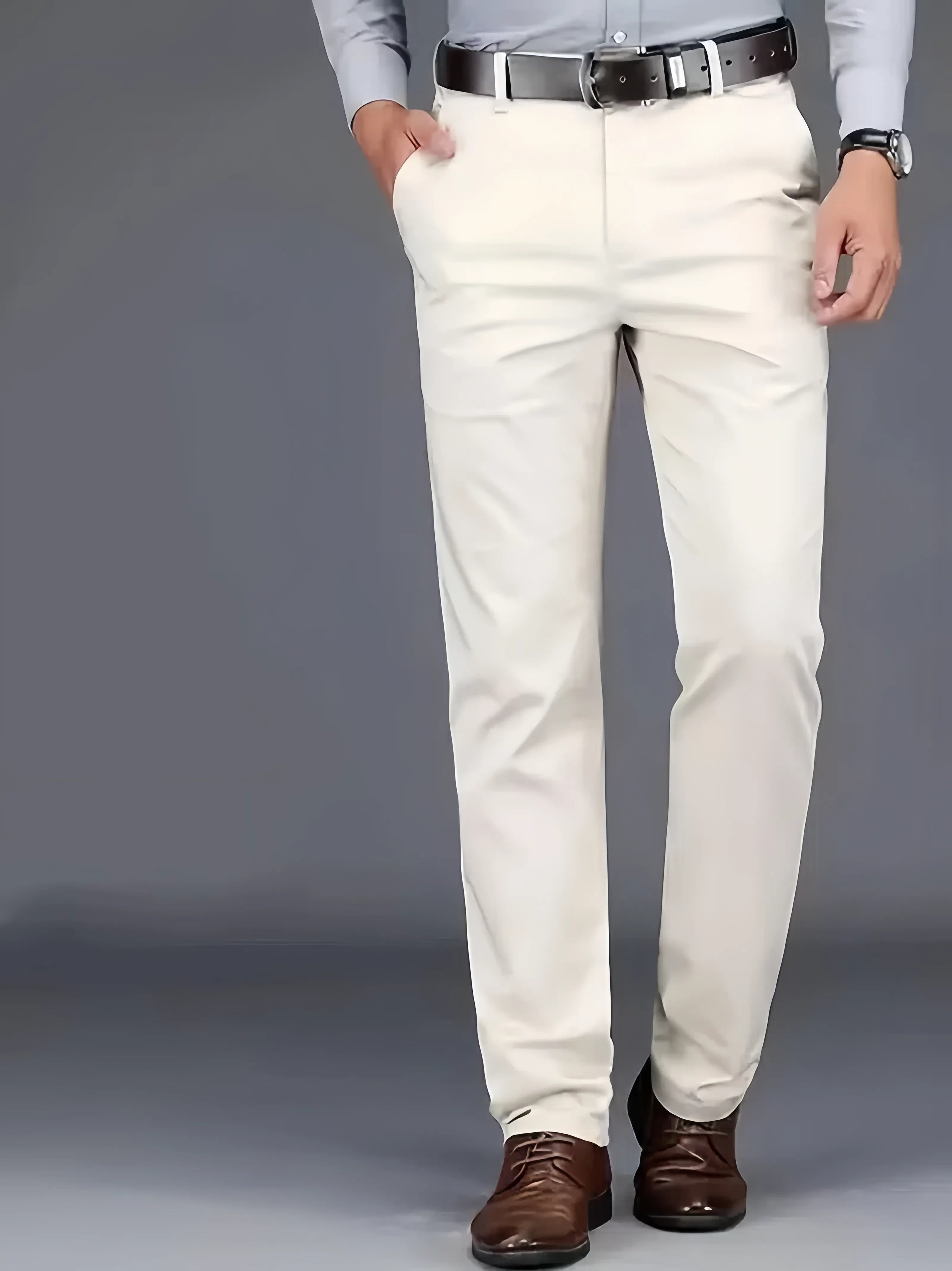 Men's solid dress pants, lightweight and comfortable with a regular fit and cuffed hems suitable for all seasons, ideal for business and casual wear.