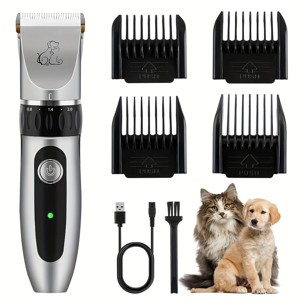 Electric pet hair trimmer with removable blade and rechargeable battery.