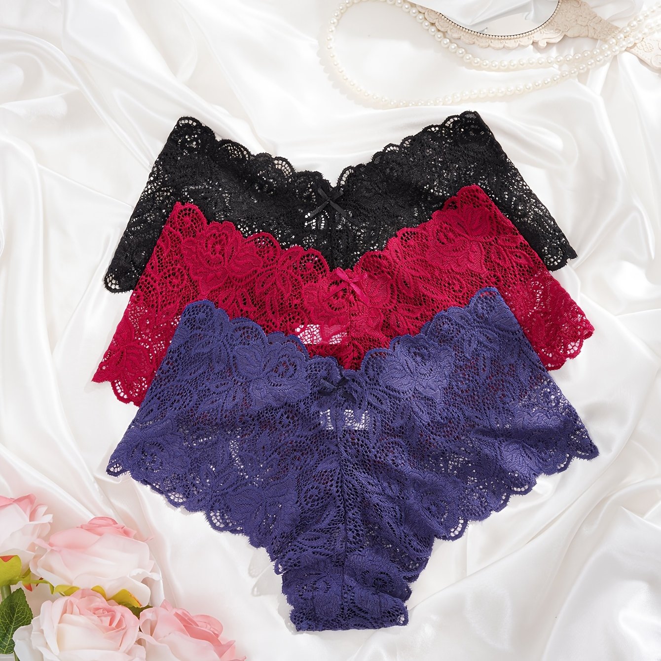 3 Floral Lace Panties, Soft and Breathable with Scallop Trim, Women's Intimates