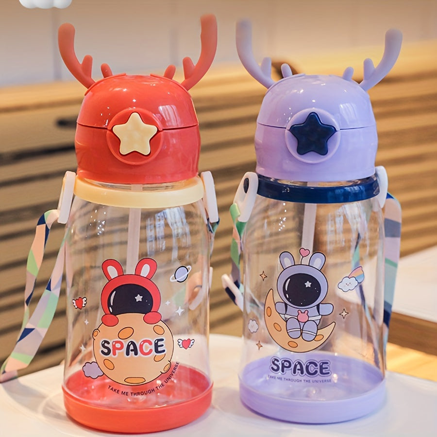 Charming 600ml Kids' Water Bottle Shaped Like Antlers with Straw - Spacious, Sturdy & Eco-Friendly, Great for Both Boys & Girls, Comes with Convenient Carry Strap - Fantastic Gift for Birthdays or Holidays