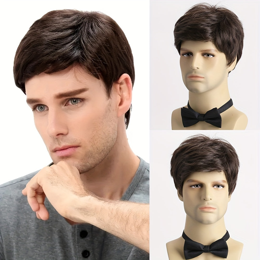 This stylish men's short curly wig features side bangs and is made of 10-inch synthetic fiber that is heat resistant and non-textile material. The black color and funky style make it perfect for everyday wear, parties, Halloween, and role-playing.