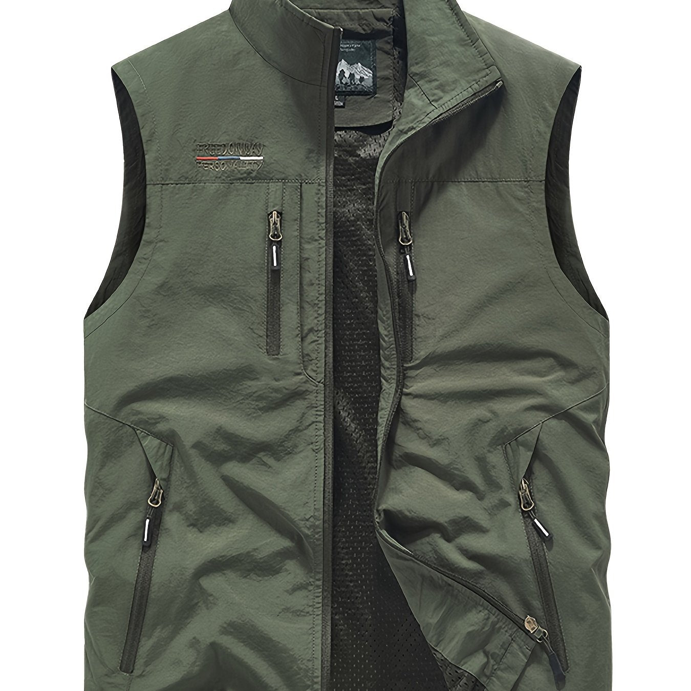 Men's Nylon Fishing Vest with Stand Collar, Multi-Pocket Design, Polyester Lining, Regular Fit