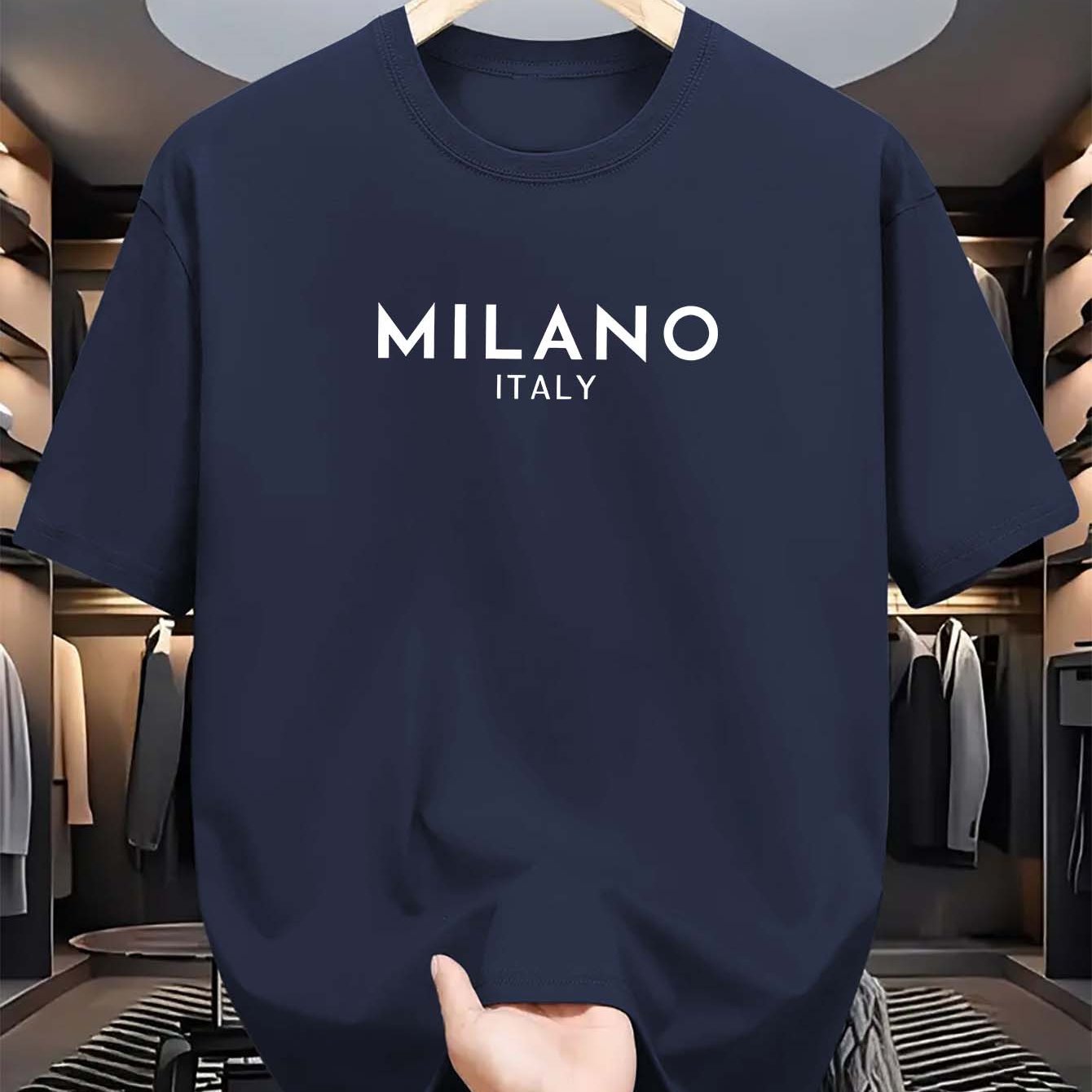 Men's Milano Italy Print T-Shirt, Casual Crew Neck Tee with Polyester Knit Fabric, Summer Short Sleeve Top with Stretch, Fashionable Regular Fit for Adults.