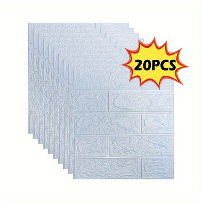 3D stereo brick stickers for indoor home decoration, available in quantities of 20, 50, or 100 pieces. Dimensions are 38.5×35cm/15.16×13.78in. PE foam material is waterproof and oilproof.